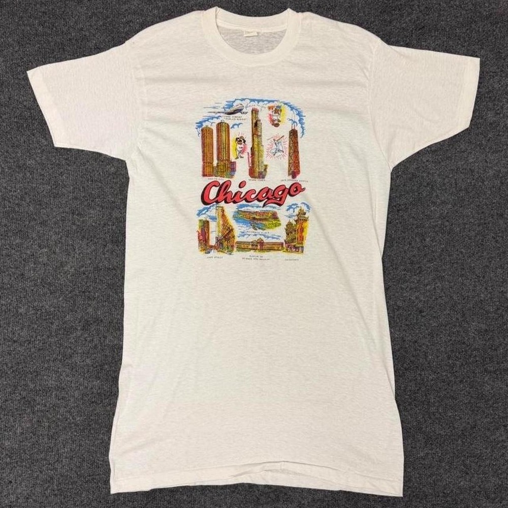 Vintage 70s Chicago Skyline Art Single Stitch T Shirt Mens XL White Made in USA